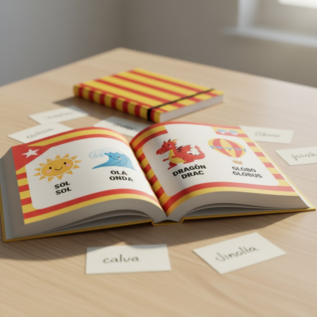 A small book is open on a table by an illuminated window. It has a sunny yellow and red cover with an illustrated Catalan ...