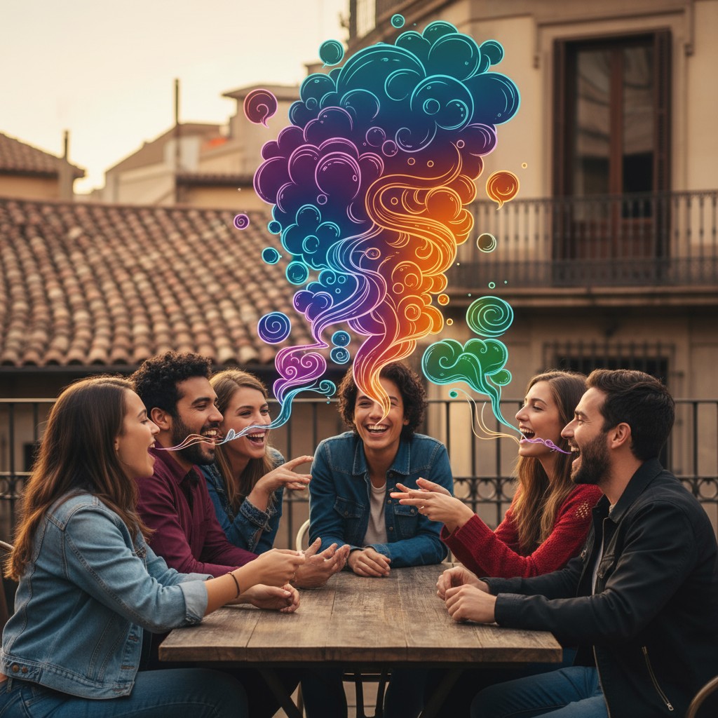 un grupo de personas riendo y disfrutando de conversaciones mientras toman una tableta, posiblemente.