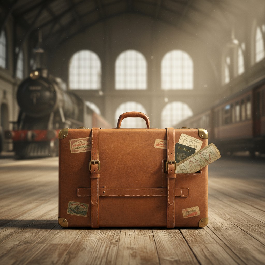 Una maleta con un pasaporte y una hoja de mapa sobre un tablero está señaladas por una locomotora en el horizonte.